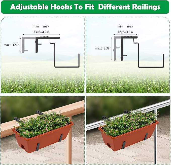 6 Pack Railing Planter Boxes Outdoor Window Boxes Planter with Drainage Holes, Plastic Garden Fence Planters with Metal Brackets for Deck, Balcony, Patio, Brick Red