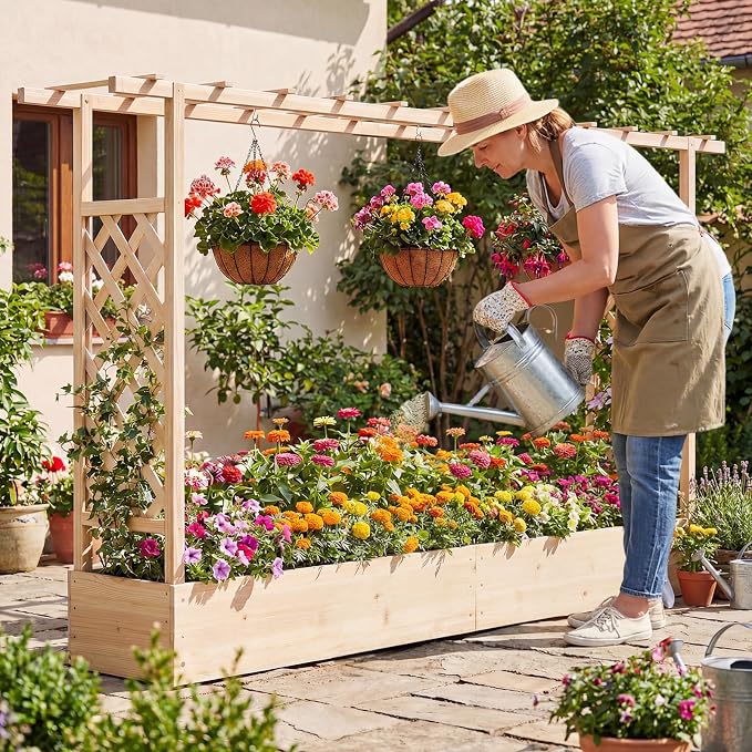 Giantex Wooden Raised Garden Bed with Trellis & Hanging Roof, 2 Pack Fir Wood Planter Box, 45” Freestanding Elevated Garden Bed for Outdoor Climbing Plants Vegetables Flowers, Patio & Balcony, Natural