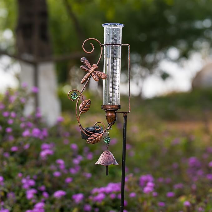 Rain Gauge Outdoor, Solar Rain Gauges with 7" Plastic Tube, Dragonfly Metal Rain Gauge with Decorative Bell for Garden Yard Lawn Decor
