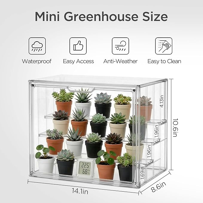 HBlife Mini Greenhouse for Indoor, Clear Stackable Green House with Magnetic Door & Adjustable Drainage Dividers, Tabletop Portable Greenhouse for Small Plants Nursery Germination and Display, 1 Pack