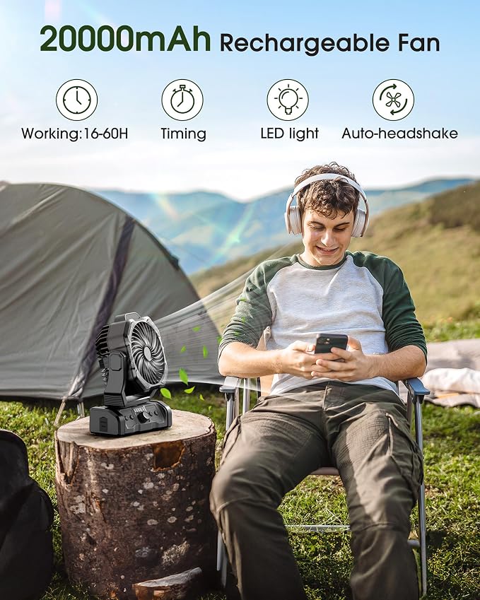 ONLYNEW Portable Camping Fan Rechargeable 20000mAh Battery Operated Oscillating Fan USB C Battery Powered with LED Lantern, Head Rotation,Timer, Remote Auto, Hook for Tents Travel Outdoor Beach