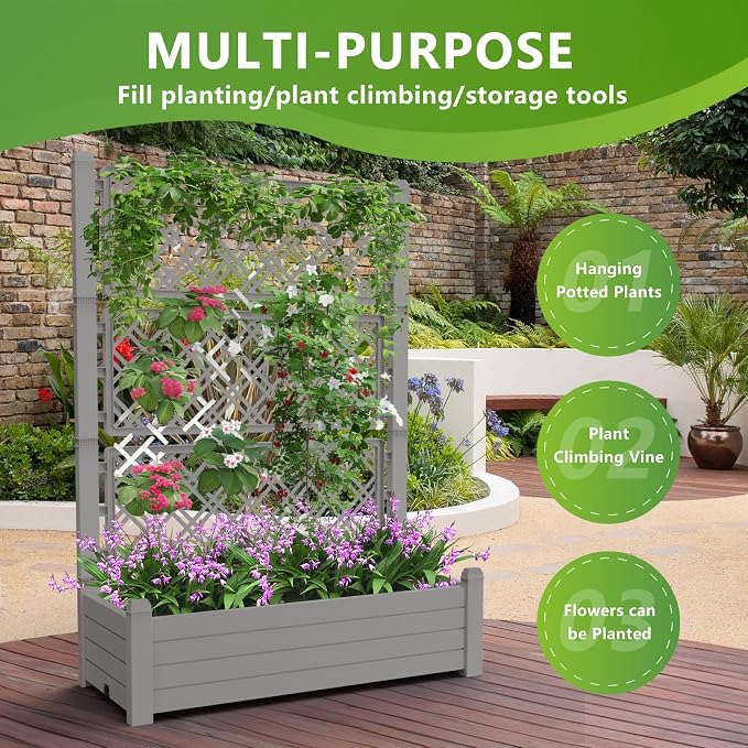 EasyUp Raised Garden Bed with Trellis for Climbing Plants, Raised Herb Garden Bed with Drainage Plug & Water Level Gauge, Durable Dust-Proof Resin Planter for Patio, Balcony, Backyard
