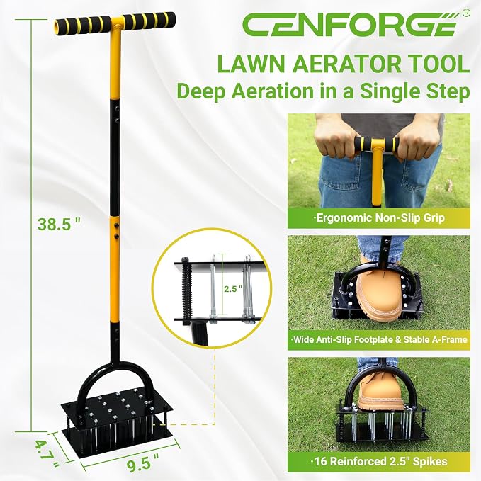Manual Lawn Aerator Tool – Spring-Loaded Self-Cleaning Soil Loosener with 16 Steel Spikes – Heavy Duty Spike Aerator for Compacted Lawns & Grass Root Growth