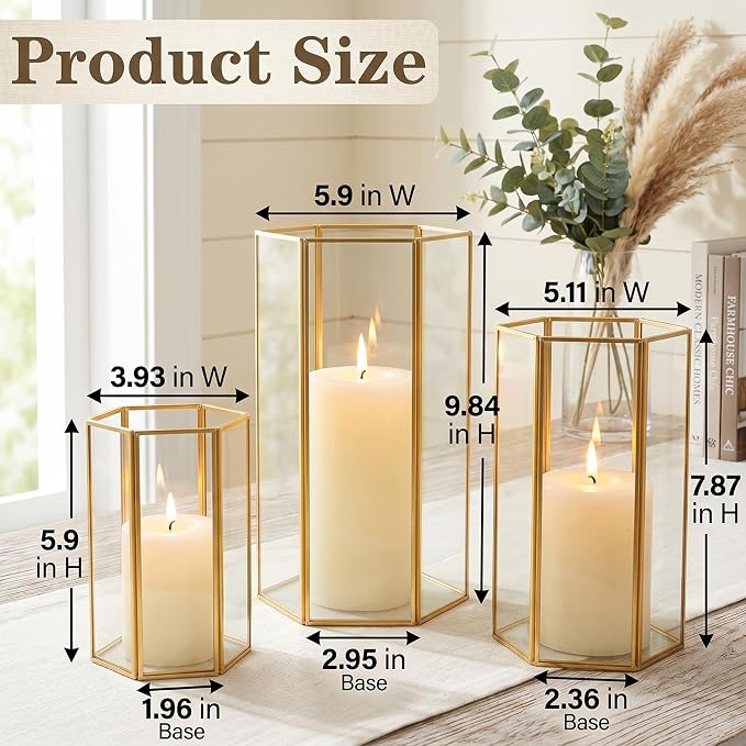 Glass Hurricane Candle Holder, Set of 3 Large Clear Hexagon Lanterns Pillar Candle Lantern with Gold Metal Frame Wedding Centerpiece Table Decor Home Decorations