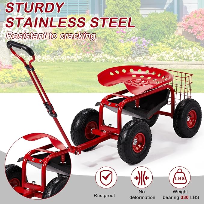 VINGLI Garden Cart with Rolling Seat, Wheels, Adjustable Steering Handle & Utility Tool Tray, Planting Wagon Scooter, Gardening Tool for Senior, for Patio, Backyard, Lawn & Outdoor (red)