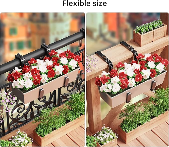 Y&M 2 Pcs Deck Railing Adjustable Planter Box Brackets (6 to 12.5 in), Universal Heavy Duty Iron Flower Box Brackets Wall Mounting Hooks for Fences, Patio, and Garden - Black (Patent Registered)