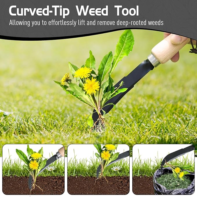 3-Pack Hand Weed Puller Tool, Stainless Steel Garden Trowel with Wooden Handle,L-Shaped Crevice Weeder,Curved-Tip Weed Tool for Effectively Pulling Out Weeds and Their Roots