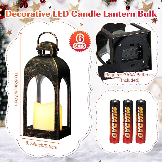 Tujoe 6 Pcs 10 Inch Decorative Candle Lantern Bulk for Wedding Centerpieces Lanterns with LED Flameless Candle Indoor Outdoor Hanging Lights for Wedding Party, Battery Included (Dark Bronze)