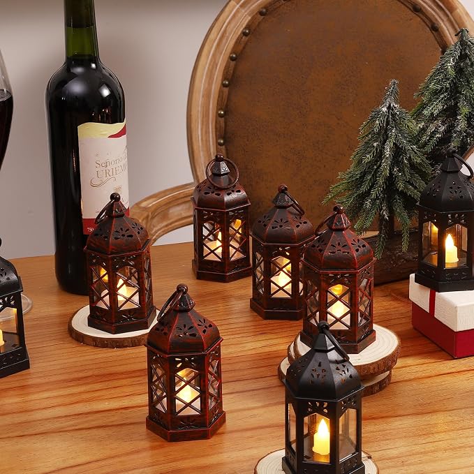 LLQ 12PCS Brushed Red Mini Lantern with LED Tealight for Halloween Decorations, Small Moroccan Lanterns for Wedding Decor, Vintage Christmas Lights for Table Centerpiece, Hanging Ornaments Bulk