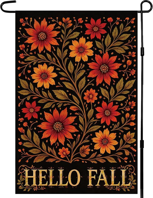 Fall Decor - Hello Fall Floral Garden Flag | Thanksgiving Party Favors Supplies Decorations - Double-Side Autumn Decor for Outdoor Indoor Outside - Friendsgiving Banner for Garden Porch Patio Lawn Yard