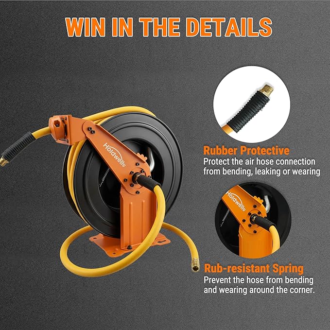 Retractable Air Hose Reel, 3/8" x 65FT Hybrid Air Hose, 300PSI Max, Auto-Rewind & Length-Lock, 1/4" NPT Fitting, Ceiling/Wall Mount Heavy Duty Dual Arm Steel Reel for Workshop/Garage