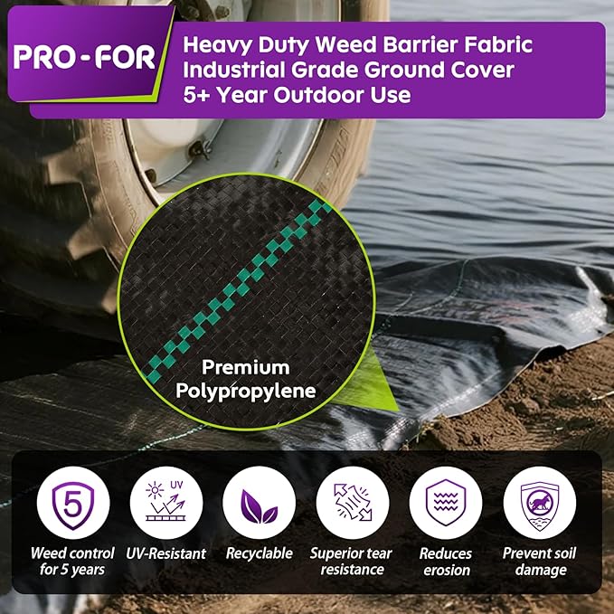 3FT x 100FT 3.2oz Heavy Duty Weed Barrier Landscape Fabric – Premium Woven Ground Cover for Gardening, Farming & Driveways, Breathable Weed Control Cloth with 10 U-Shaped Securing Pegs