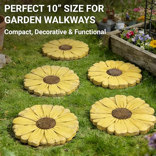 Heavy Duty Concrete Stepping Stone 10 Inch Daisy Design, Non Slip Garden Pathway Stone for Outdoor Walkway Yard Patio Lawn (Yellow)