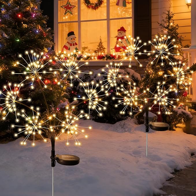 JJGoo 2 Pack Solar Garden Lights Outdoor Waterproof, New Upgraded 6 Branches Firework Starburst Lights with 2 Modes, Solar Fairy Lights for Yard Garden Patio Pathway Party Decor - Warm White