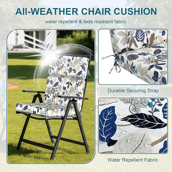 DYTXIII Outdoor High Back Chair Cushions Set of 2, 44"x22" Water Repellent Patio Seat Cushions with Elastic Sponge, All Weather Chair Pads for Rocking, Dining Chairs, Patio Furniture - Leaves Beige