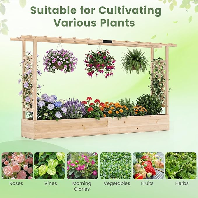 Giantex Wooden Raised Garden Bed with Trellis & Hanging Roof, 2 Pack Fir Wood Planter Box, 45” Freestanding Elevated Garden Bed for Outdoor Climbing Plants Vegetables Flowers, Patio & Balcony, Natural