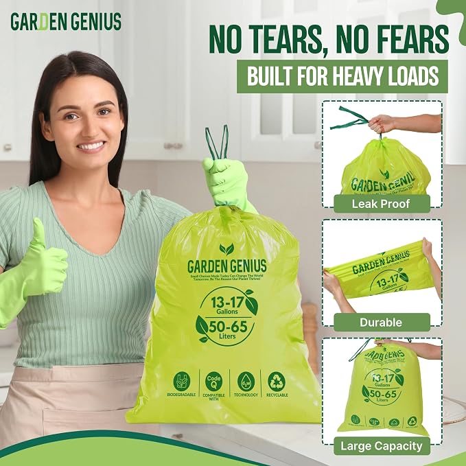 Biodegradable 13-17 Gallon Code-Q Trash Bags (50 Pack) | Strong Heavy-Duty Tall Green Kitchen Bags w/ Drawstring | Fits Simplehuman & Standard Cans | Eco-Friendly D2W, 30 Micron Thick | 25.6" x 33.5"