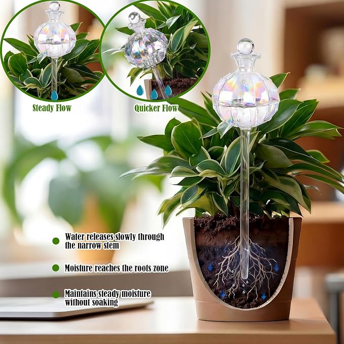 Thenshop 4 Pack 10 oz Large Plant Self Watering Globes Top Fill Glass Cactus Bulbs Iridescent Vacation Plant Slow Release Watering Devices for Indoor Outdoor Planting Lover Gifts