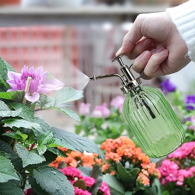 Glass Plant Mister Spray Bottle, 320ML Vintage Plant Spritzer with Top Pump Watering Can for Indoor Outdoor House Plants, Flowers (Green)