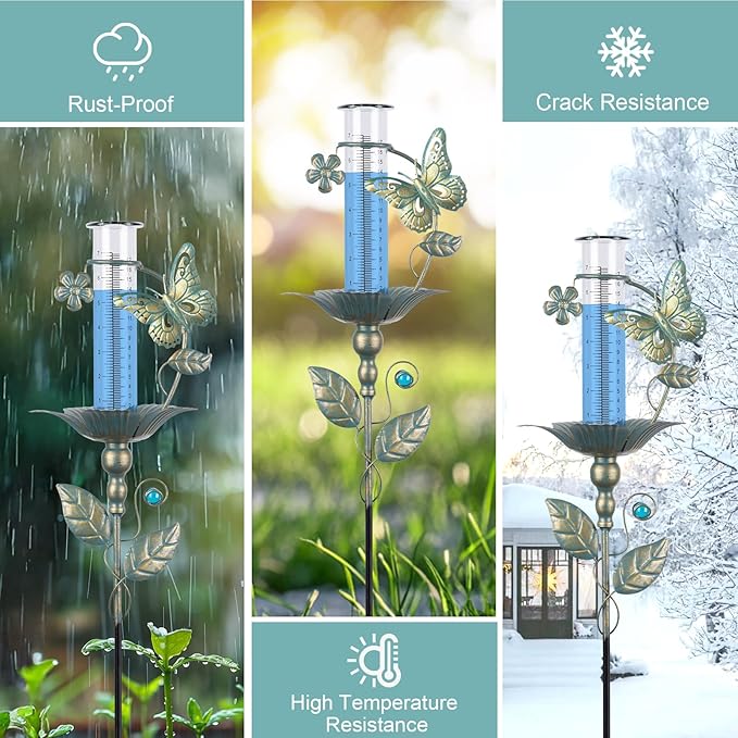 shumi Rain Gauge Outdoor Butterfly, Upgraded Glass Rain Gauge Outdoors Best Rated, Freeze Proof Adjustable Height Rain Gauges for Yard Garden Decor, Gardening Gifts for Women