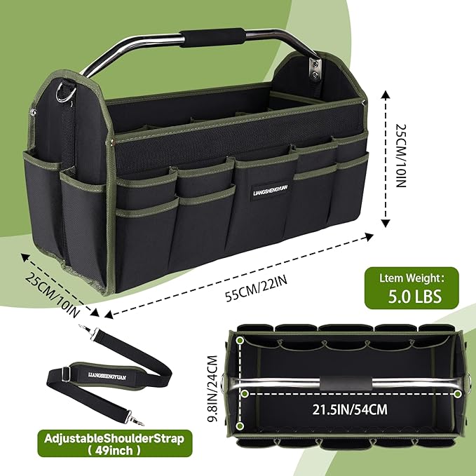 22In Electrician Tool Bag, Foldable Bags For Men Heavy Duty, Open Top Tool Tote, 30 Pockets Can Hold Many fittings, Organizer Stainless Steel Handle and Removable Shoulder Strap