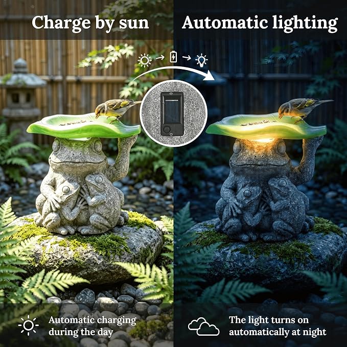 MXwcy Solar Frog Garden Statue with Bird Feeder, 7.8'' Resin Frog Family Solar Garden Light Outdoor Waterproof, Cute Yard Decor for Patio Lawn Backyard, Garden Gifts for Mom Grandma Women