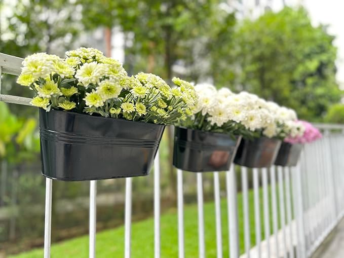LaLaGreen Outdoor Plants Rail Planter (11.2 Inch, 10 Pack) Black Metal Iron Hanging Flower Pots Deck Railings Fence Buckets Modern Boho Style Wall Mount Window Box Plant Holder Hooks Porch Home Decor
