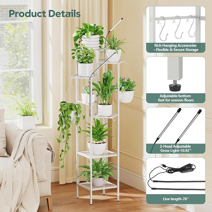 Quikraen 8 tiers Metal Plant Stand with Grow Lights, Tall Lighted Corner Plant Shelf for Indoor Plant Growing,Flower Pot Holder, Plant Rack for Home Decor, Patio (White)