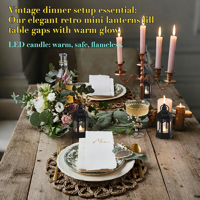 Mini Moroccan Lanterns with Flicker LED Candles Set of 12, Black Vintage Decorative Hanging Lanterns for Ramadan Decorations, Christmas, Halloween, Wedding Decor, Party, Table Centerpiece