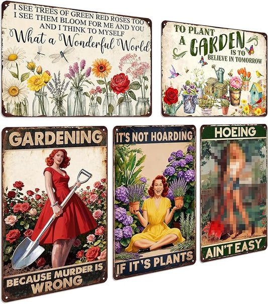 Funny Garden Metal Signs Decorative Outdoor 5 Pack Greenhouse Decorations Gardening Decor For Women Yard Tin Signs Green House Accessories For Outside Garden Sign Gardening Gifts 8x12 In