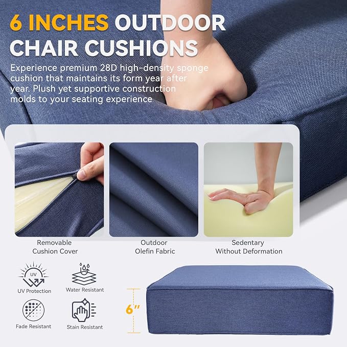 Luxury 6-Inch Patio Chair Cushions - 24"* 24" Patio Furniture Cushions with Dual Layer Back Support & Removable Cover, 28D High Density Sponge Patio Cushion for Outdoor Furniture Couch Blue