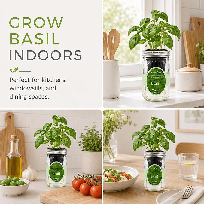 Hydroponic Growing Kit, Self-Watering Mason Jar Herb Garden Starter Kit Indoor, Windowsill Herb Garden, Grow Your Own Herbs from Organic Seeds (Basil)