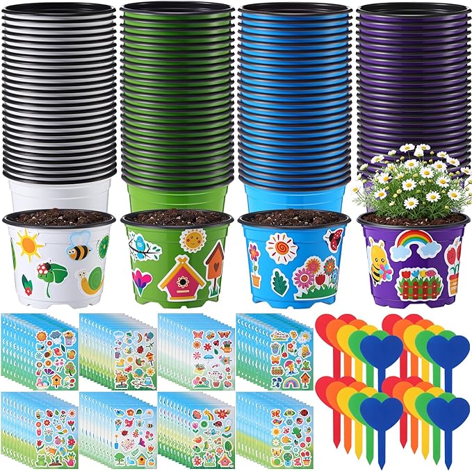50 Sets Garden Pot Craft Kit, Flower Plant Spring Craft Including Plastic Nursery Plant Pots Labels Tags Stickers for DIY Flower Planting Growing Birthday Arts Kit (Fresh)