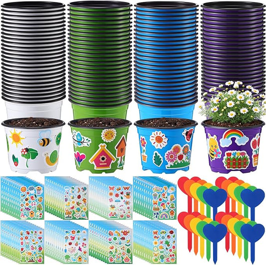 100 Sets Garden Pot Craft Kit, Flower Plant Spring Craft Including Plastic Nursery Plant Pots Labels Tags Stickers for DIY Flower Planting Growing Birthday Arts Kit (Classic)