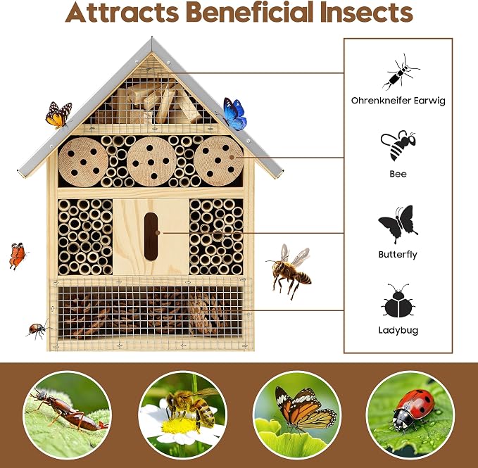 UUMENHA Insect Hotel & Mason Bee House - Butterfly House,Multi-Functional Bee Hotel for Garden, Attract Pollinators,Durable Natural Wood Design,4.13×2.56×10.63 inches