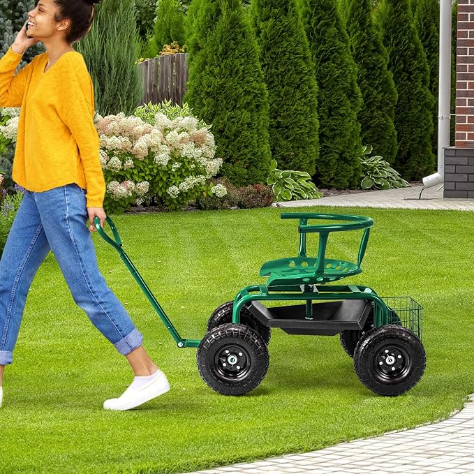 Byroce Rolling Garden Cart with Seat, Heavy Duty Wheelbarrow Utility Cart with Metal Frame, Swivel Seat, Tool Tray, Storage Basket & Adjustable Handle, Outdoor Garden Wagon Scooter for Yard (Green)