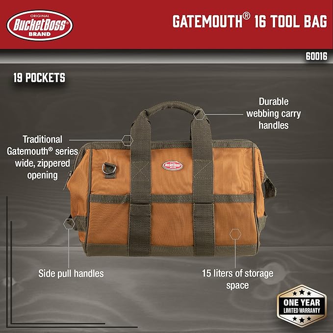 Bucket Boss Gatemouth 16 Tool Bag in Brown, 60016, 15 liters(Brown)