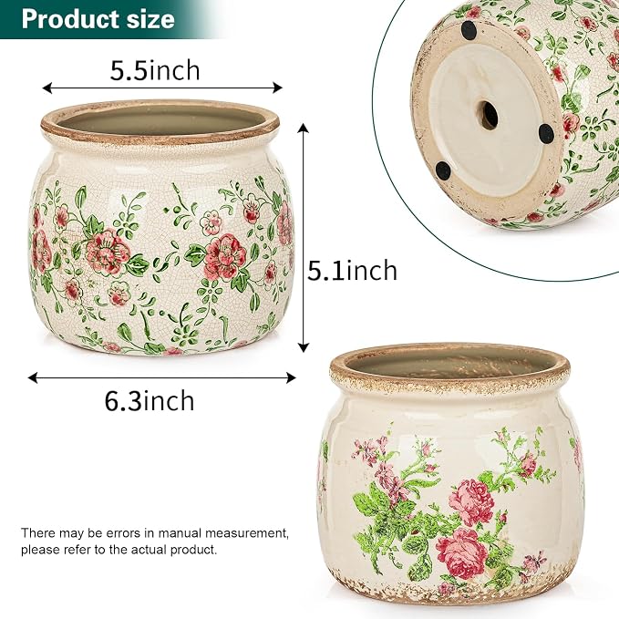 Sungmor Set of 2 Farmhouse Ceramic Planters with Drainage Hole,Vintage Crackle Glaze Flower Pots, Tuscan Decor Pots for Indoor/Outdoor Herbs,Succulents and Small Flowers