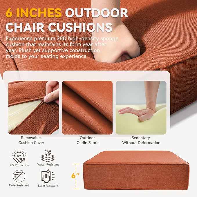 Outdoor Cushion Set for Patio Furniture, UV Resistant, Water Resistant - 6 Inch Thick Dual Layer Back Support Cushions– 24x24 Inch Patio Seat Covers for Chair/Sofa/Couch | Orange | 3-Pack |