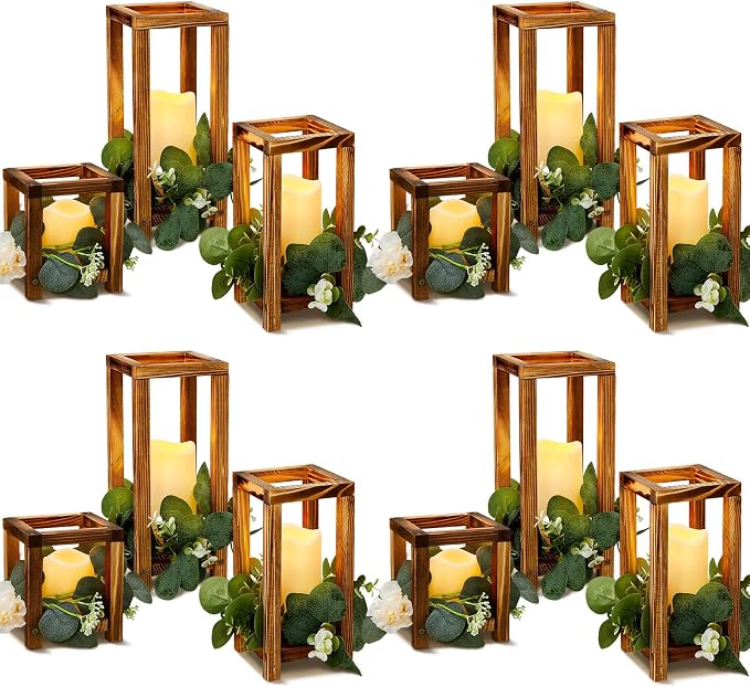 24 Pcs Wooden Candle Lantern Include 12 Wedding Lantern Centerpiece 12 Flameless Decorative Candles Holders Wedding Centerpieces for Tables Party Decor(Brown)