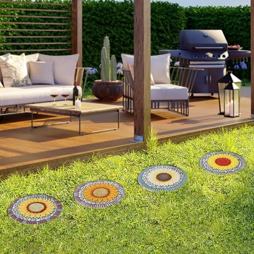 4 Pack Sunflower Stepping Stones for Garden, 10-Inch Faux Stepping Stones Outdoor, Decorative Hand-Painted Garden Stones, Weather-Resistant Pathway Stones for Walkway Yard Patio, Large Stepping Stones