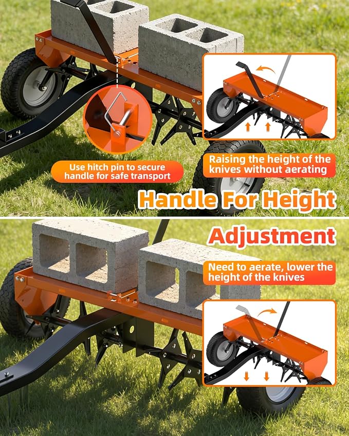 40" Tow Behind Aerator, Pull Behind Lawn Aerator Tool with Universal Hich, 24 Rust-Proof Knives & Heavy-Duty Tires, Plug Aerator for Yard & Garden Compacted Soil, Fits Lawn Tractors, ATV, UTV, Orange