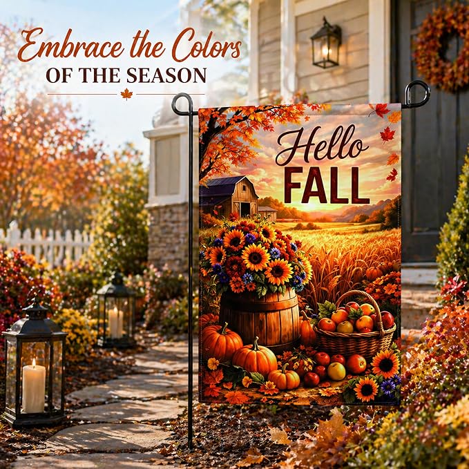 Fall Decor - Hello Fall Garden Flag | Double-Side Autumn Decor for Outdoor Indoor Outside Home - Thanksgiving Friendsgiving Decorations Banner for Garden Porch Patio Lawn Yard Party Favors Supplies