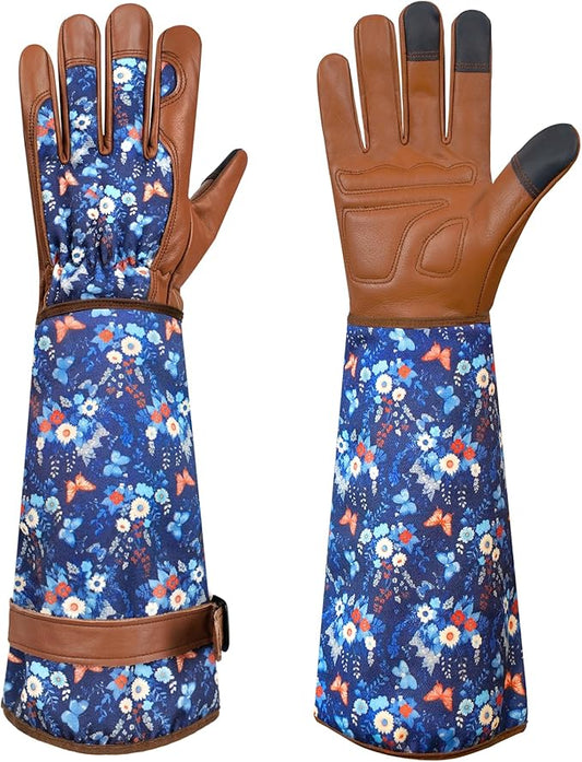DLY Gardening Gloves for Women, Rose Gloves Thorn Proof, Long Garden Gloves for Women, Breathable Cowhide (Medium, Brown)