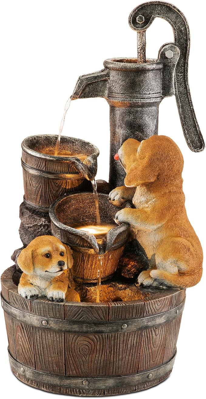 Glitzhome Water Fountain Outdoor, Outdoor Fountain with Lights & Pump, 23.75" H Cute Dog Playing Around The Water Polyresin Cascading Waterfall Floor Standing Water Feature for Garden, Patio