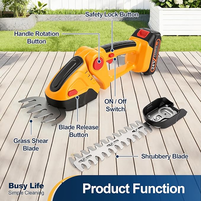 Yocada Handheld Cordless Hedge Trimmer&Grass Shear 2-in-1 Powerful Dual Batteries Electric Shrub Bush Trimmer 24V Grass Cutter Lightweight for Garden Lawn Care
