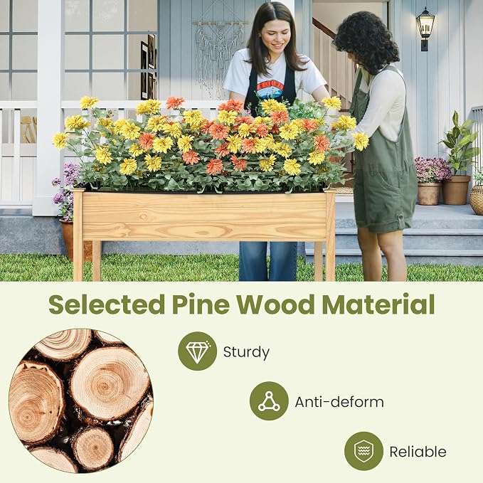 Giantex Raised Garden Bed, Elevated Wood Planter Box with Liner, 47"x23"x30" Freestanding Raised Bed for Indoor Outdoor Plants, Vegetables Flower Herbs Fruit Gardening