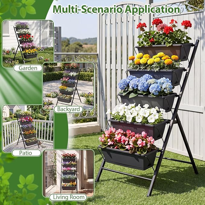 Giantex 5 Tier Vertical Planter Set of 2, Raised Garden Bed with Drainage Holes & Removable Trays, Metal Frame Elevated Planter Boxes for Herbs Vegetables Flowers, Indoor Outdoor Patio Balcony