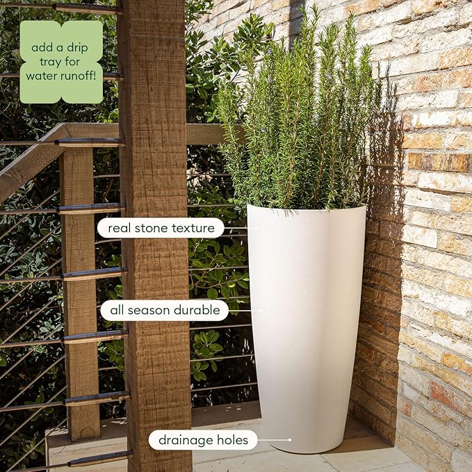 Veradek Mason Series Vega Planter - Round Tall Planter for Indoor or Outdoor Porch/Patio | Made from Plastic-Stone Composite with Drainage Holes | Modern Décor for, Flowers, Interior Plants