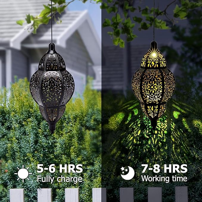 AIINY Hanging Solar Lantern Outdoor Decor,Moroccan LED Lights for Outside Garden Decorations 11.8In,Waterproof Lanterns Garden Gifts for Mom, Women, Patio,Yard(Black)